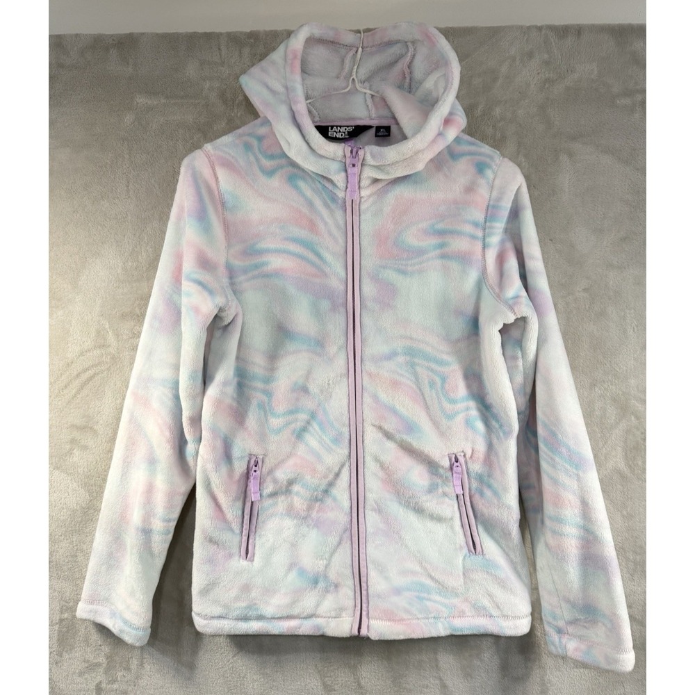 Lands' End Youth Hoodie Size XL (14-16) Pink Full Zip Sherpa Fleece Zip Pockets